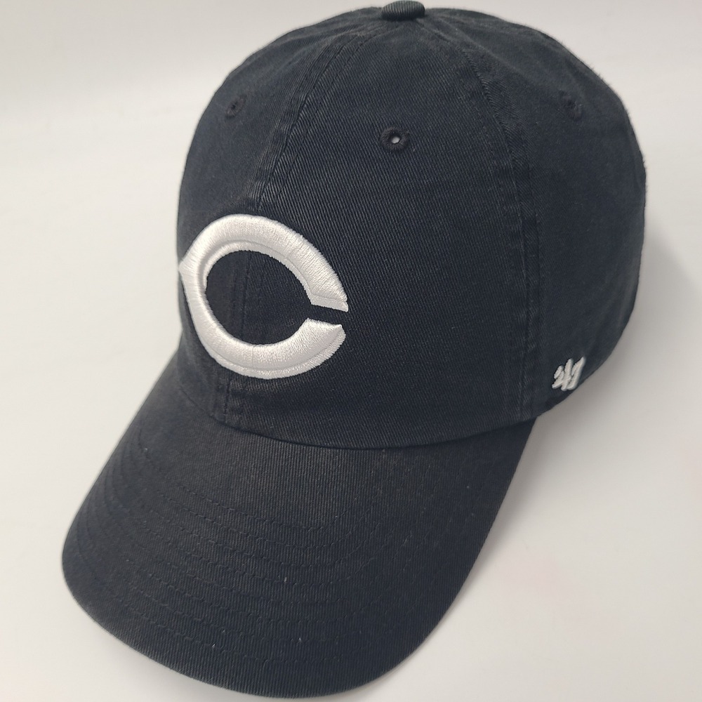 Cincinnati Reds Hat Strapback 47 Brand Clean Up Black White MLB Distressed Men